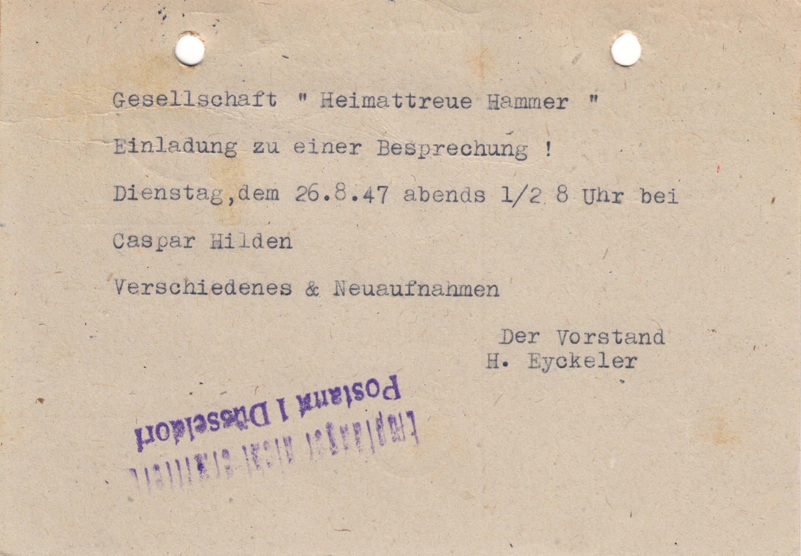 Einladungskarte zur ersten Nachkriegsversammlung